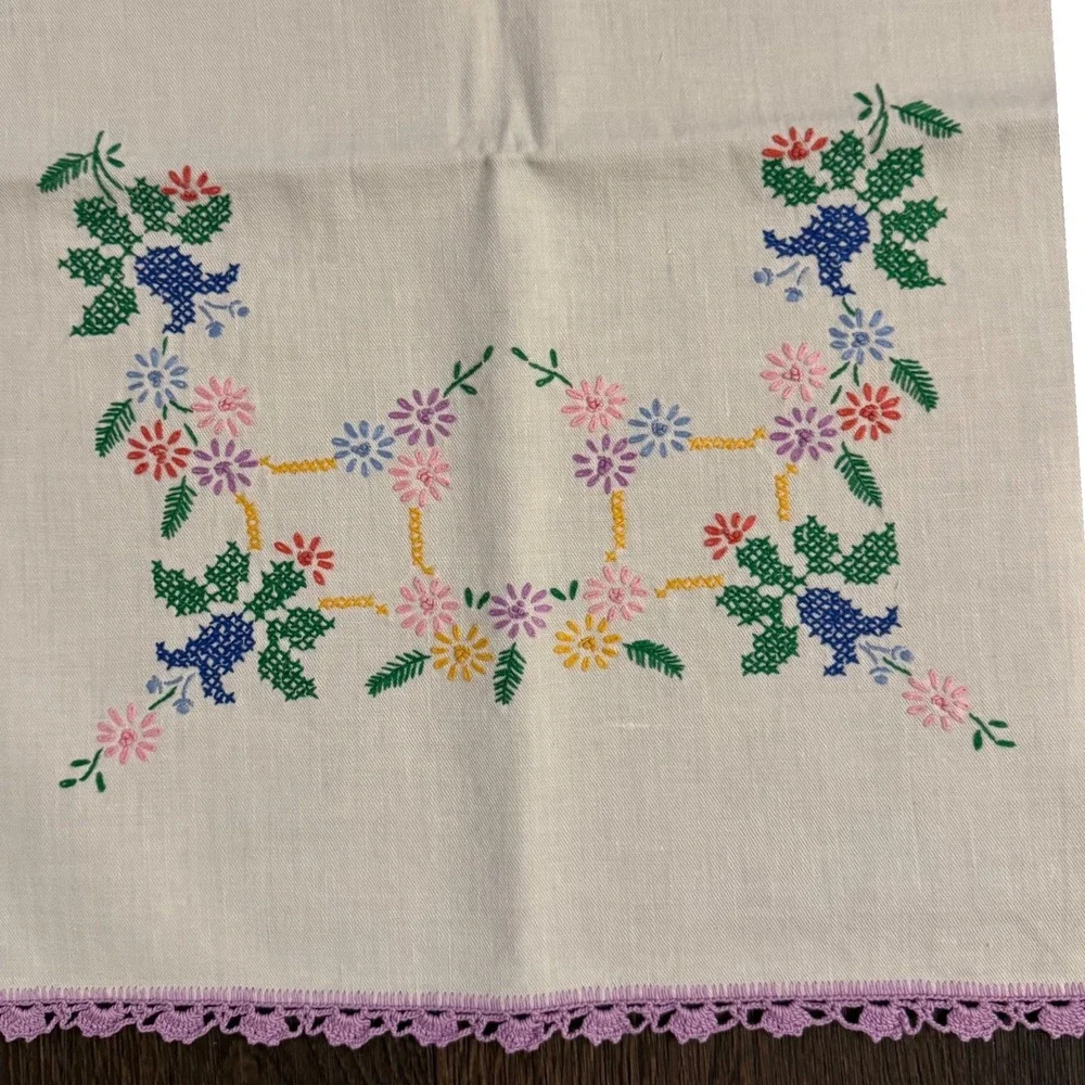 Vintage 42 X 19 Embroidered Floral Cross Stitch Table Runner Purple Crochet Trim
